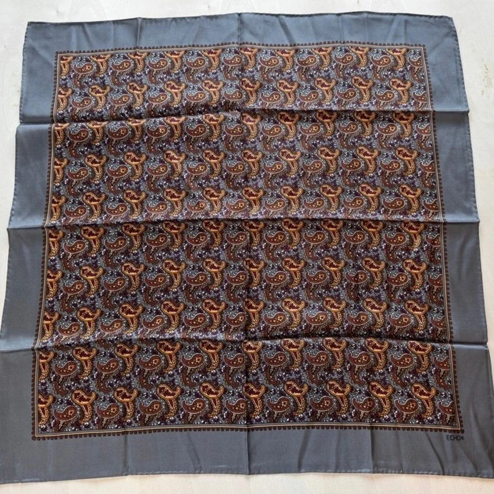 Echo Vintage Paisley Silk Chinon Scarf Gray Gold Hand Rolled 24 Inch Square